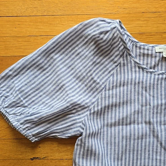 Beach Lunch Lounge, Luca Linen A-Line Prairie Dress, Striped Puff Sleeve, Size L - Picture 4 of 12